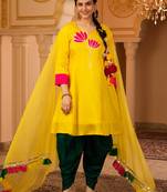 Lotus bright yellow a-shape silk 3 piece suit set