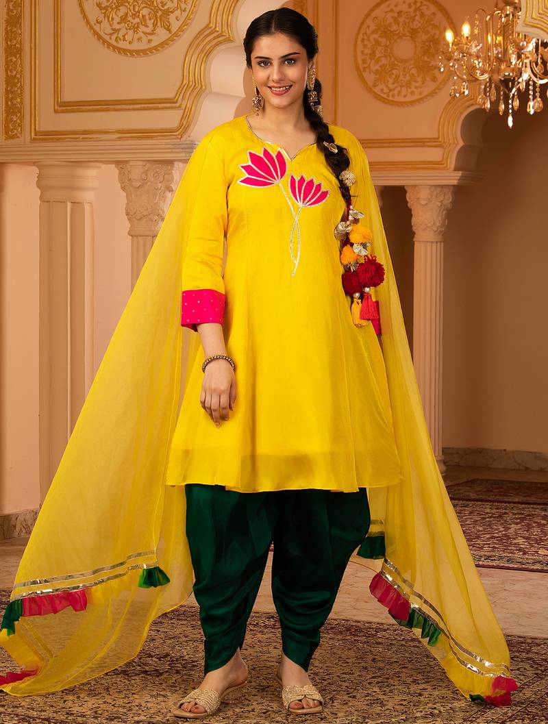 Lotus bright yellow a-shape silk 3 piece suit set