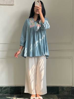 Light-blue cotton poly embroidered palazzo set 1