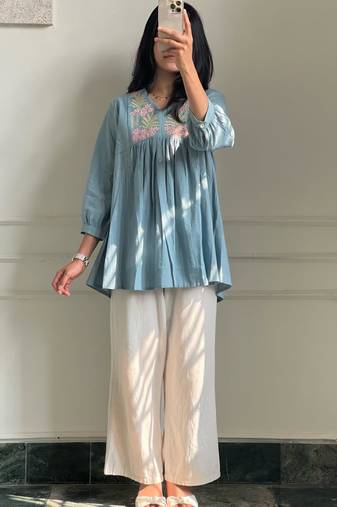 Light-blue cotton poly embroidered palazzo set