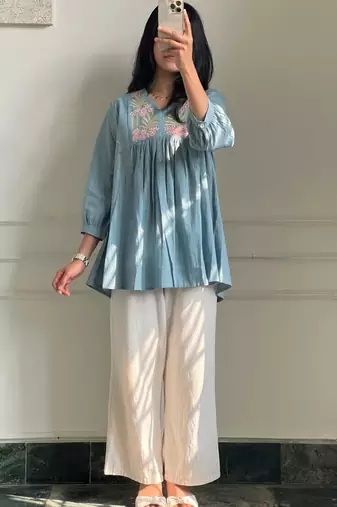 Light-blue cotton poly embroidered palazzo set