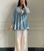 Light-blue cotton poly embroidered palazzo set