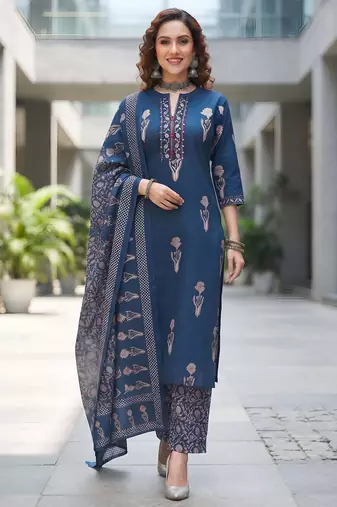 Navy blue floral printed cotton kurta set