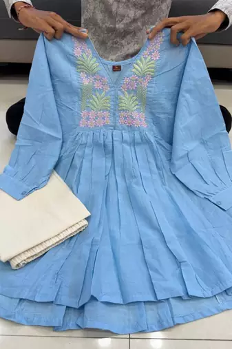Light-blue cotton poly embroidered palazzo set