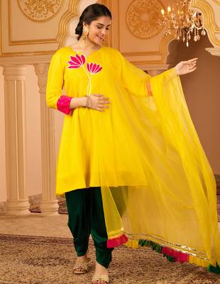 Lotus bright yellow a-shape silk 3 piece suit set 2