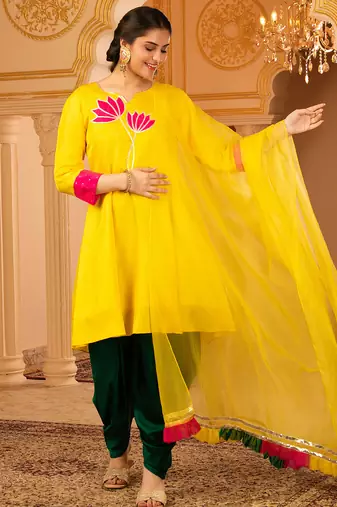 Lotus bright yellow a-shape silk 3 piece suit set