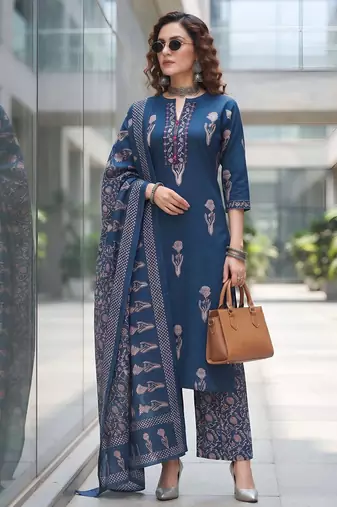 Navy blue floral printed cotton kurta set
