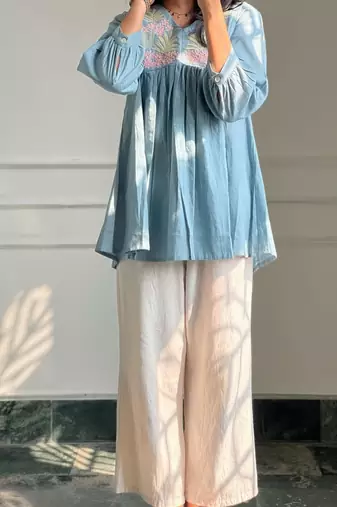 Light-blue cotton poly embroidered palazzo set