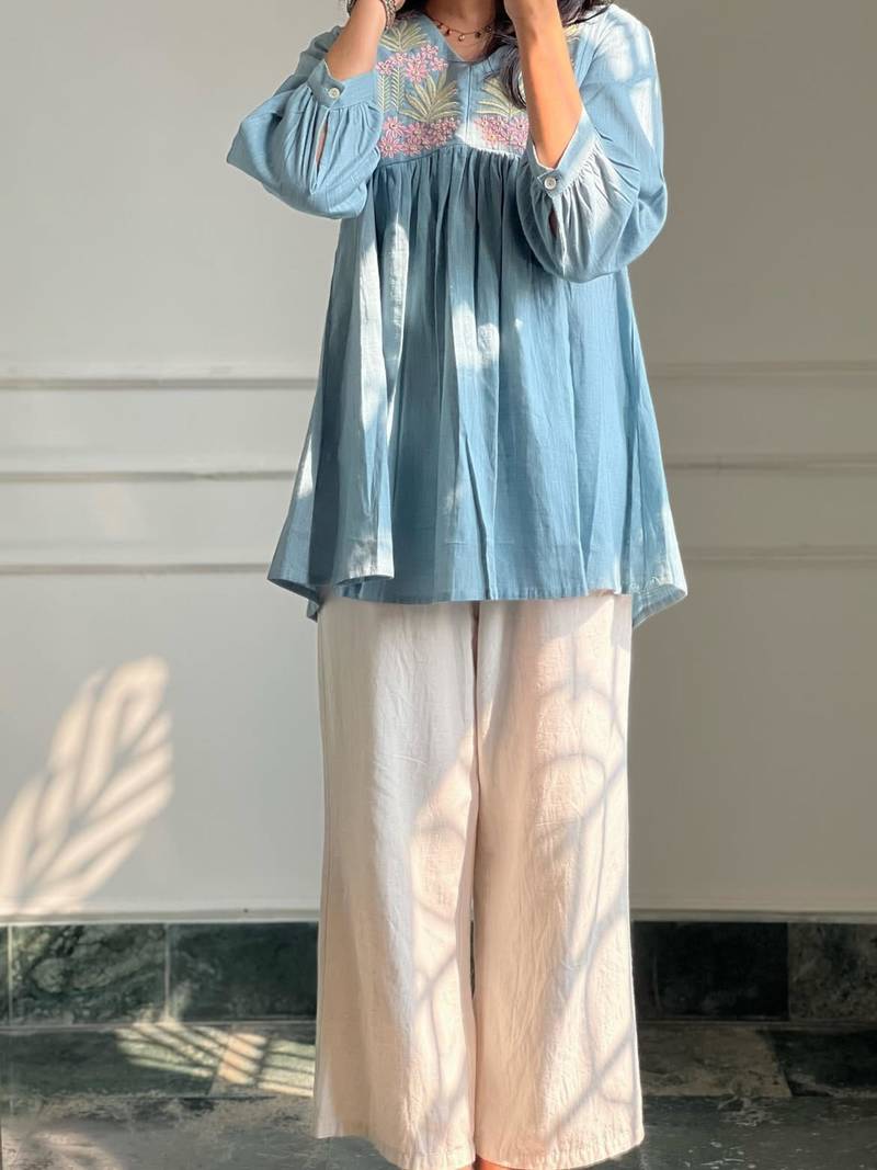 Light-blue cotton poly embroidered palazzo set