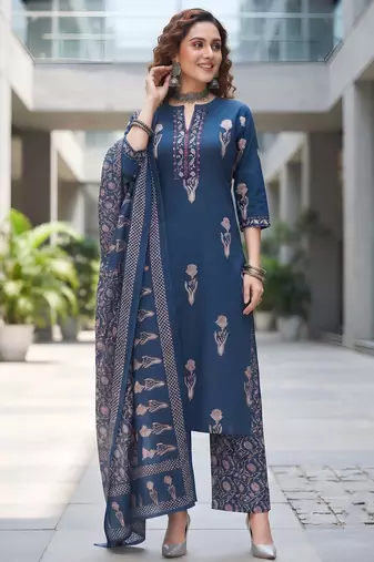 Navy blue floral printed cotton kurta set