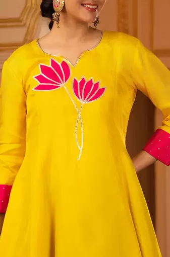 Lotus bright yellow a-shape silk 3 piece suit set