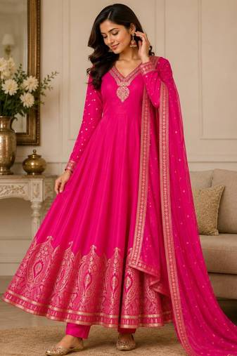 Magenta chanderi embroidered flared gown set