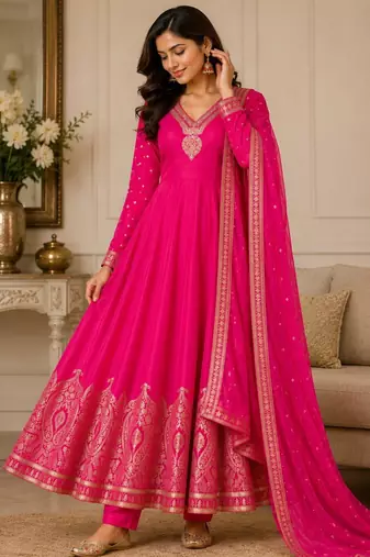 Magenta chanderi embroidered flared gown set