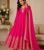 Magenta chanderi embroidered flared gown set