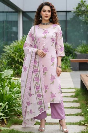 Lavender floral printed cotton kurta set