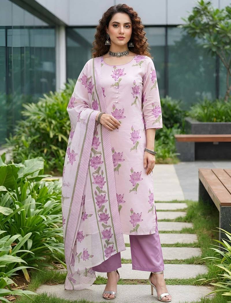Lavender floral printed cotton kurta set