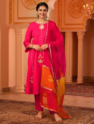 Bright pink hand embroidered a-shape silk 3 piece suit set 1