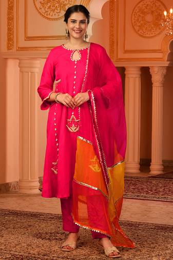 Bright pink hand embroidered a-shape silk 3 piece suit set