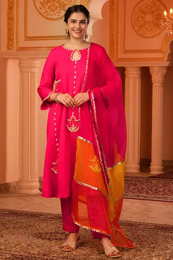 Bright pink hand embroidered a-shape silk 3 piece suit set