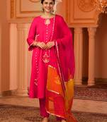 Bright pink hand embroidered a-shape silk 3 piece suit set