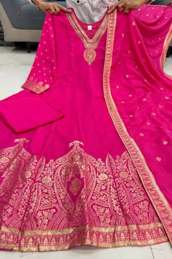 Magenta chanderi embroidered flared gown set