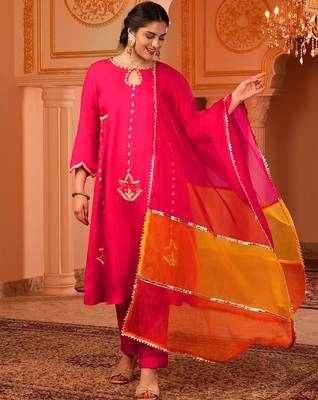 Bright pink hand embroidered a-shape silk 3 piece suit set 2
