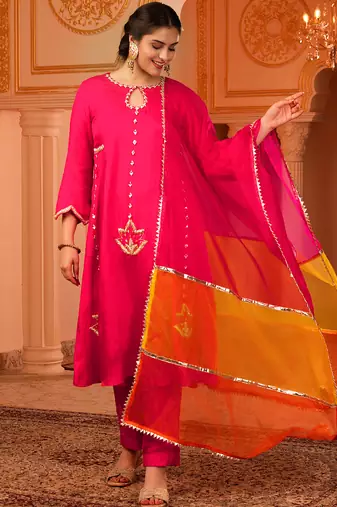 Bright pink hand embroidered a-shape silk 3 piece suit set