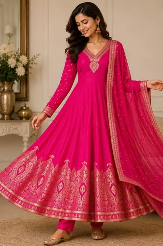 Magenta chanderi embroidered flared gown set