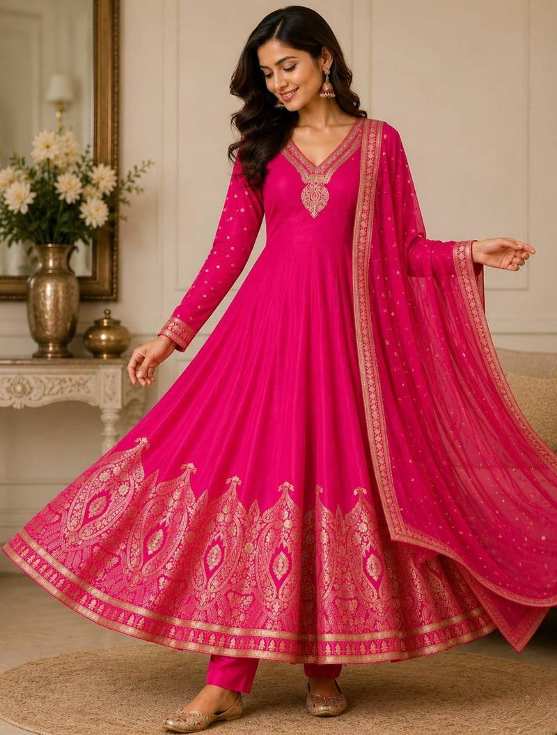Magenta chanderi embroidered flared gown set
