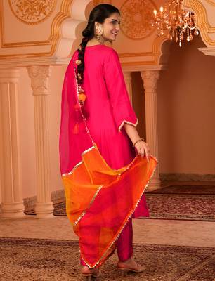 Bright pink hand embroidered a-shape silk 3 piece suit set 3