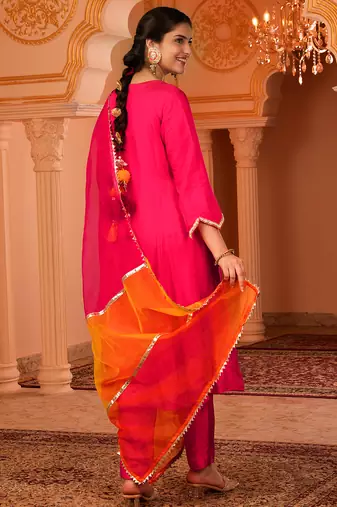Bright pink hand embroidered a-shape silk 3 piece suit set