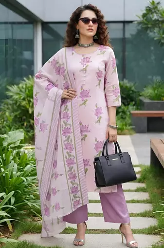 Lavender floral printed cotton kurta set