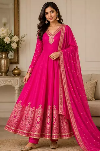 Magenta chanderi embroidered flared gown set