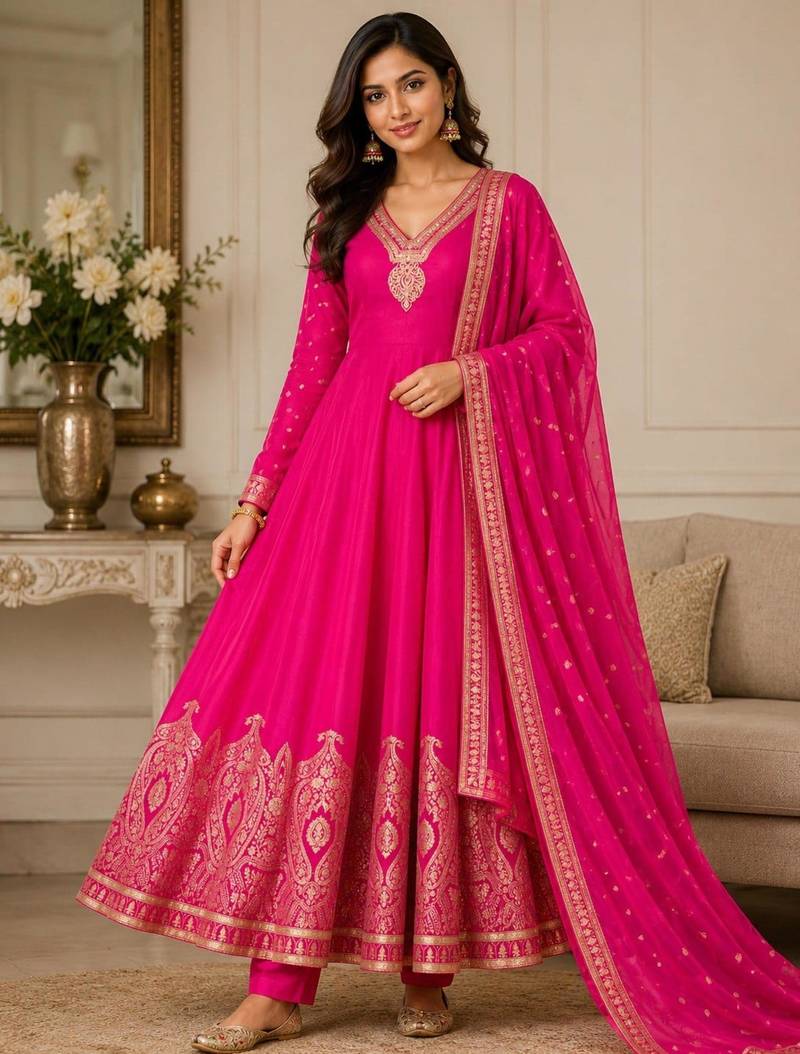 Magenta chanderi embroidered flared gown set