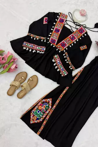 Black silk blend embroidered palazzo set