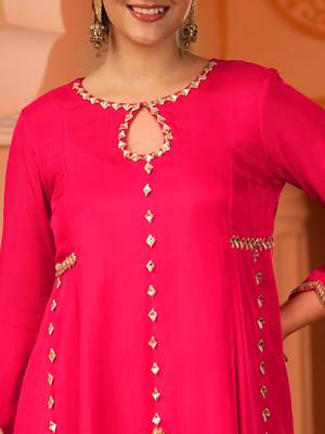 Bright pink hand embroidered a-shape silk 3 piece suit set 4