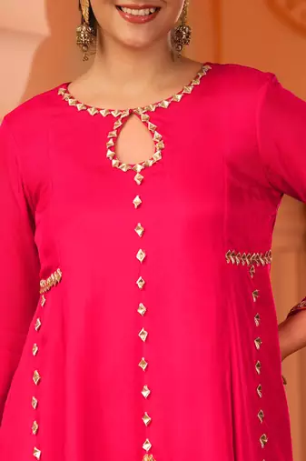Bright pink hand embroidered a-shape silk 3 piece suit set