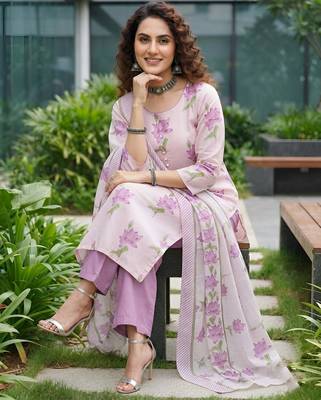 Lavender floral printed cotton kurta set 4