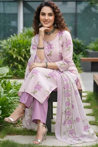 Lavender floral printed cotton kurta set