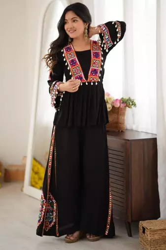Black silk blend embroidered palazzo set