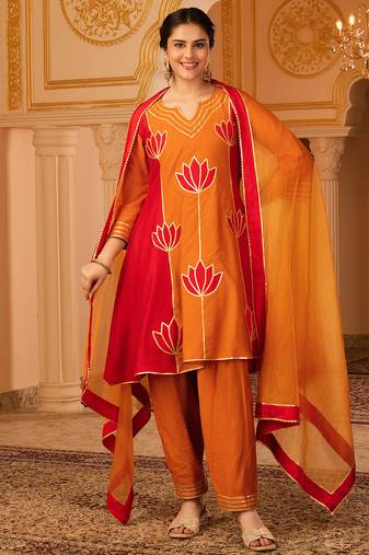 Burnt orange & red gota patti a-shape mul chanderi silk 3 piece suit set