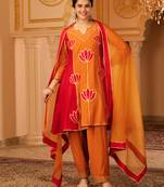 Burnt orange & red gota patti a-shape mul chanderi silk 3 piece suit set