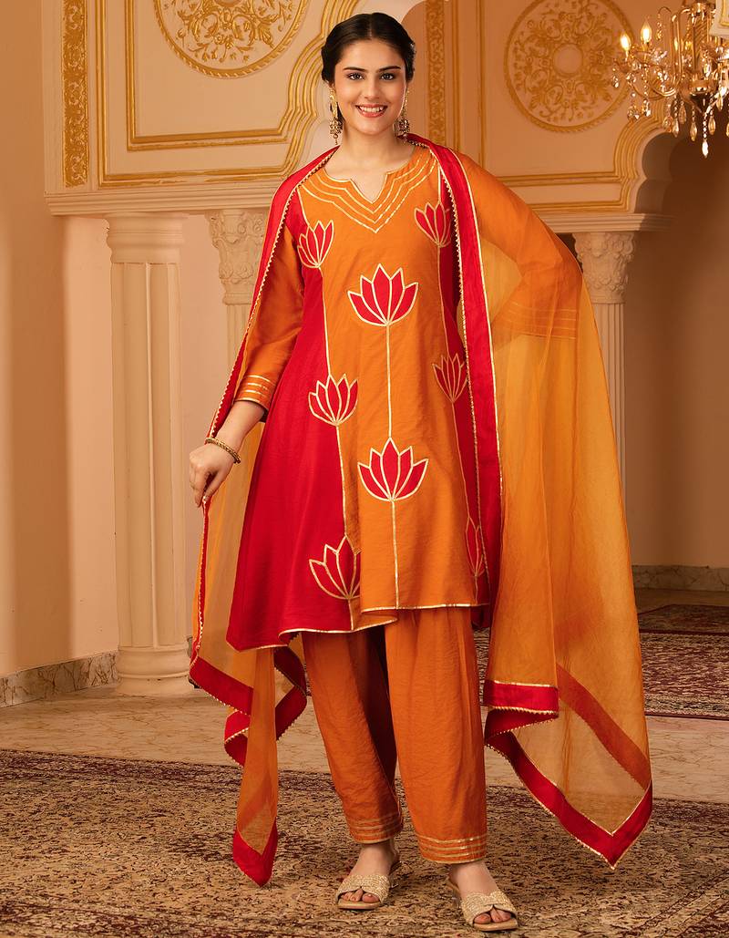 Burnt orange & red gota patti a-shape mul chanderi silk 3 piece suit set
