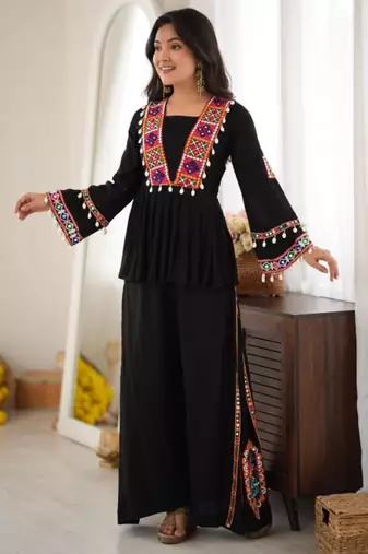 Black silk blend embroidered palazzo set
