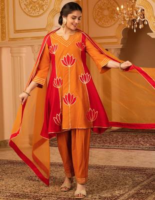 Burnt orange & red gota patti a-shape mul chanderi silk 3 piece suit set 2