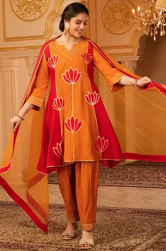 Burnt orange & red gota patti a-shape mul chanderi silk 3 piece suit set