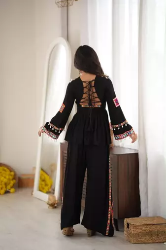 Black silk blend embroidered palazzo set