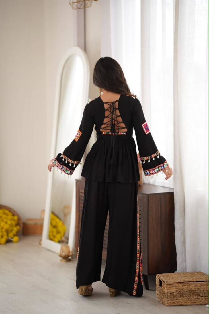 Black silk blend embroidered palazzo set