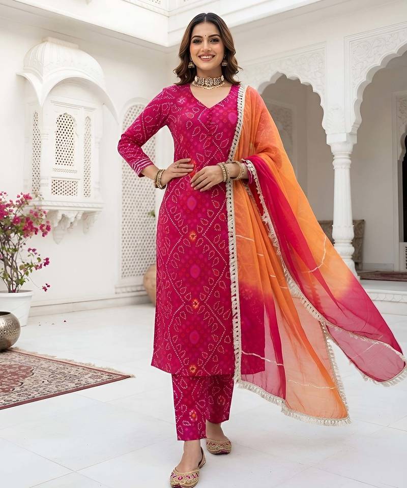 Pink floral printed cotton kurta set