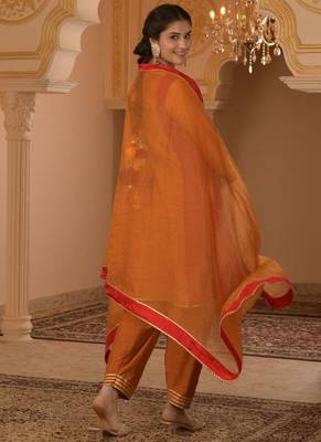 Burnt orange & red gota patti a-shape mul chanderi silk 3 piece suit set 3